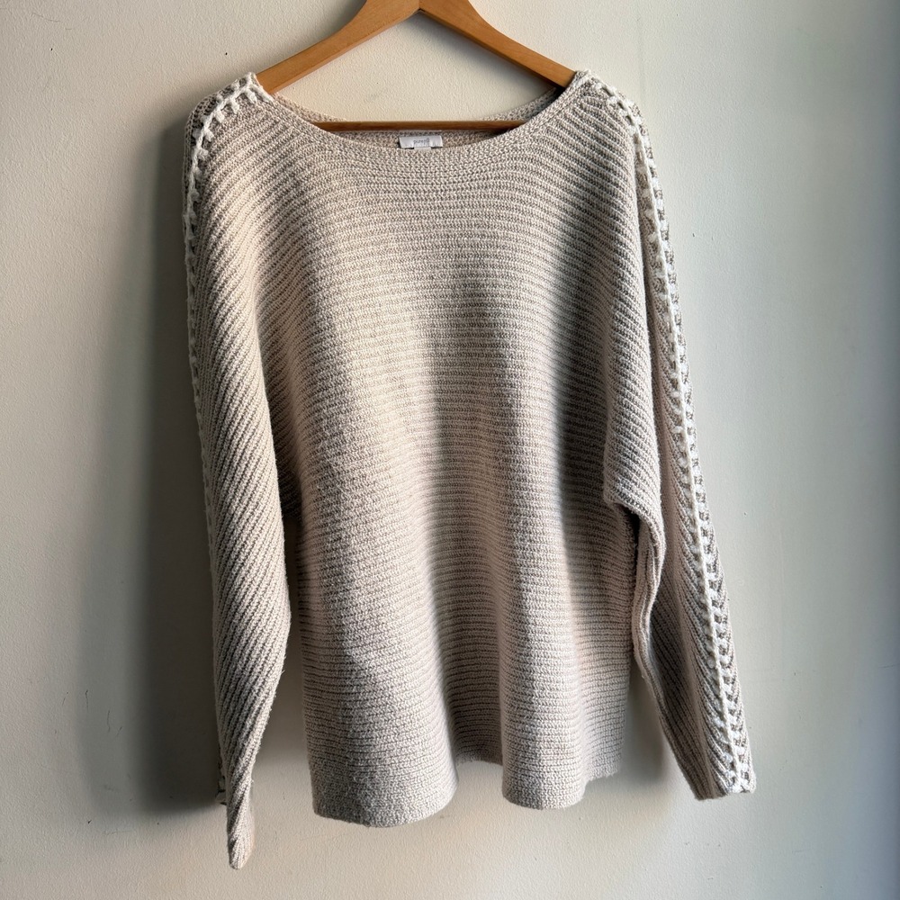 Pure Jill Large Knit Sweater Beige Whipstitch Ribbed